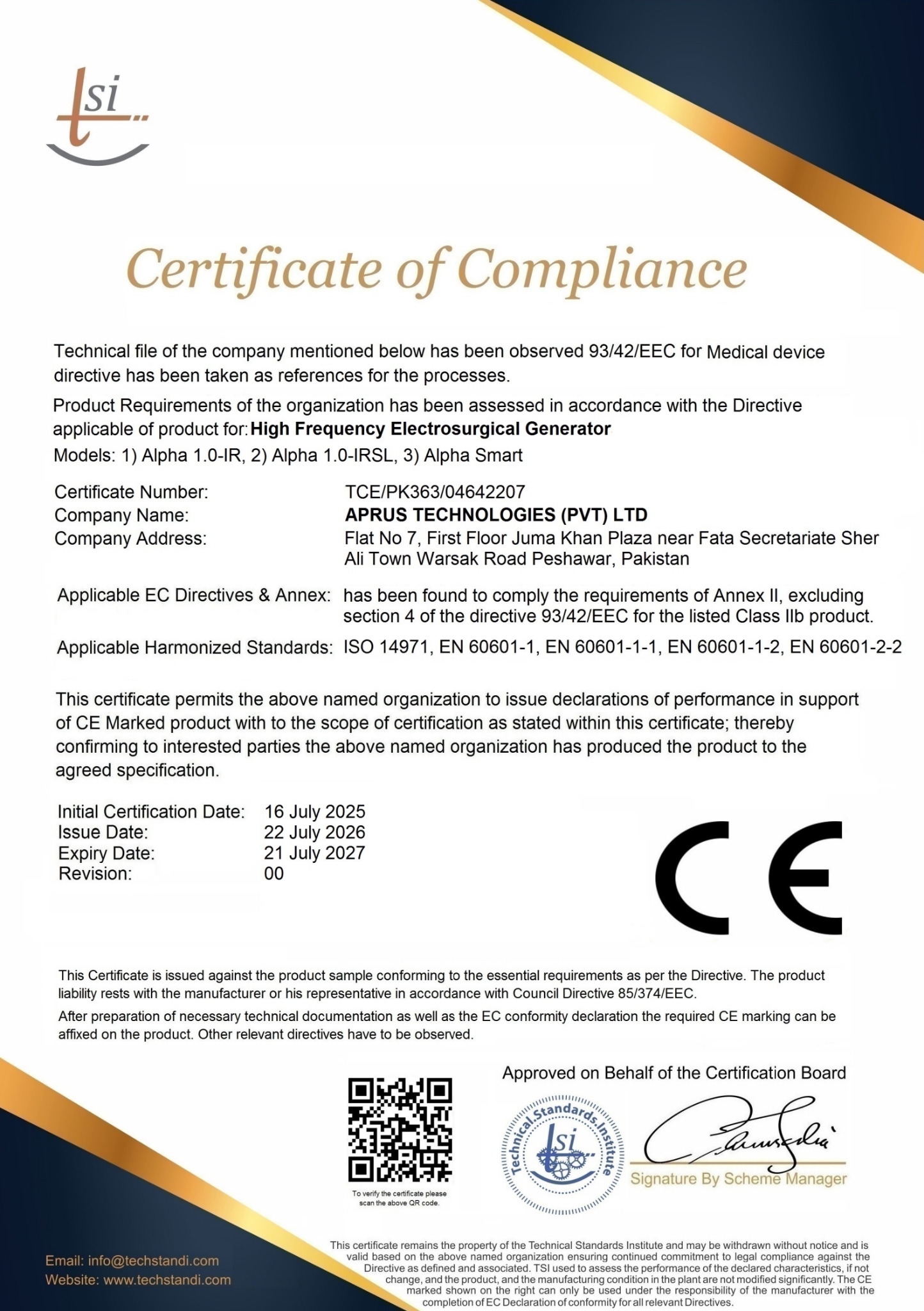 APRUS Certificate of Compliance for Alpha electrosurgical generators