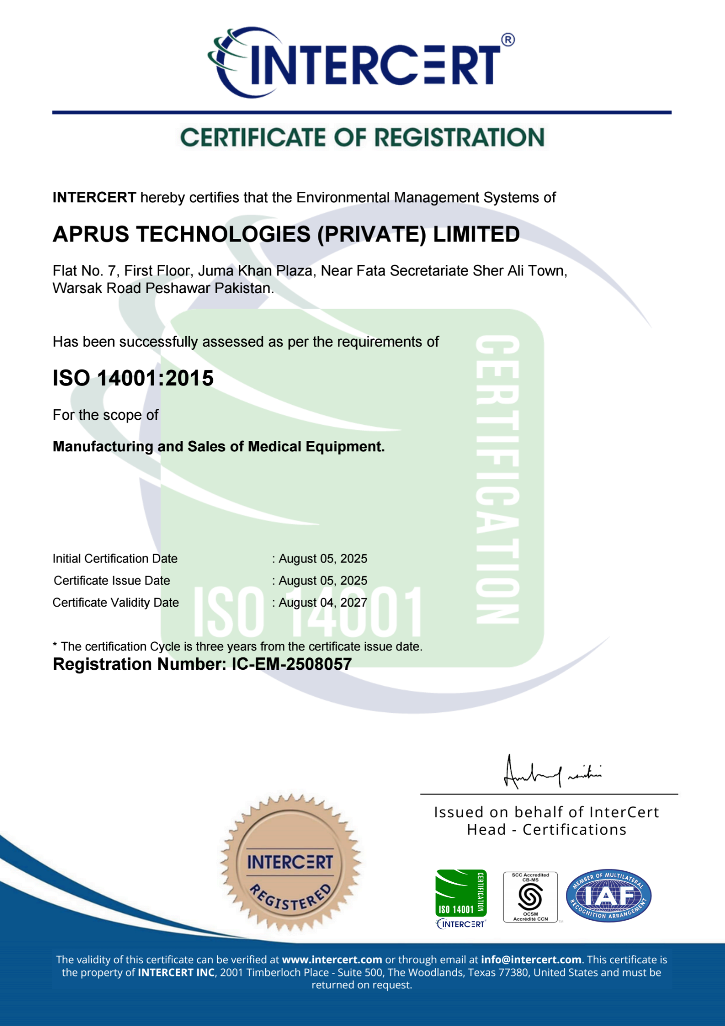 APRUS ISO 14001:2015 certificate