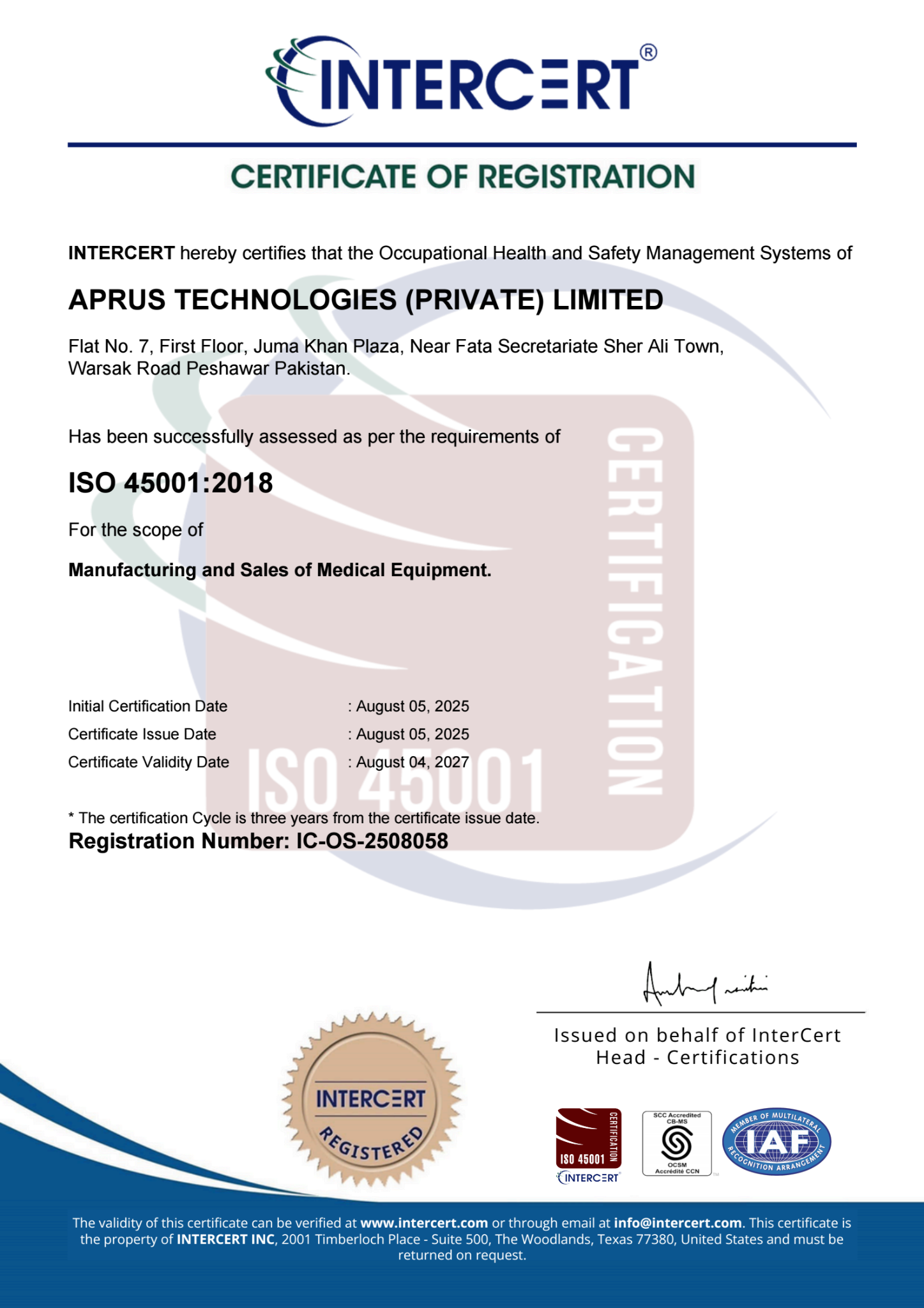 APRUS ISO 45001:2018 certificate