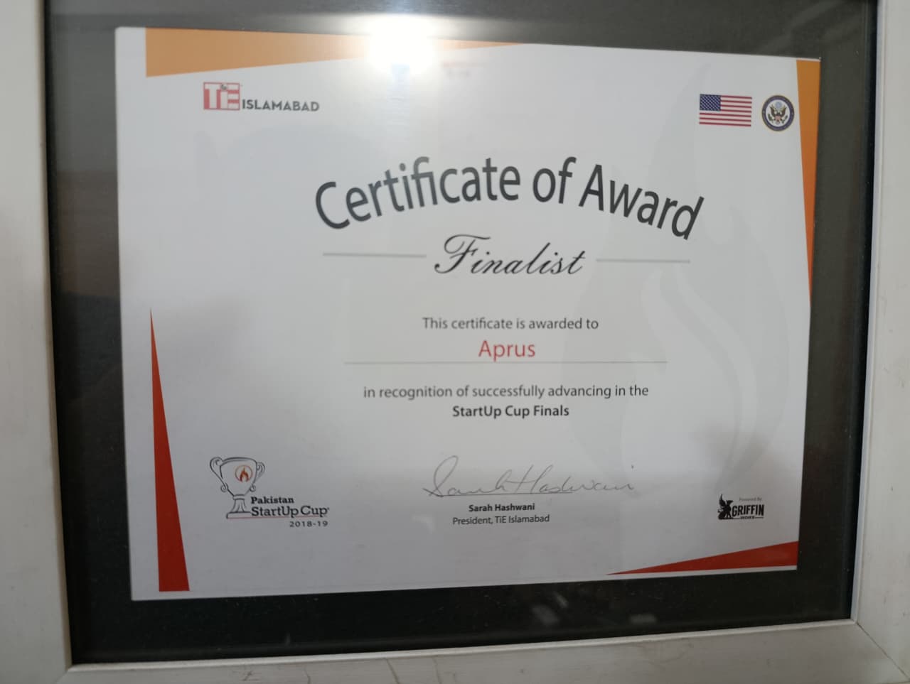 Pakistan Startup Cup finalist certificate